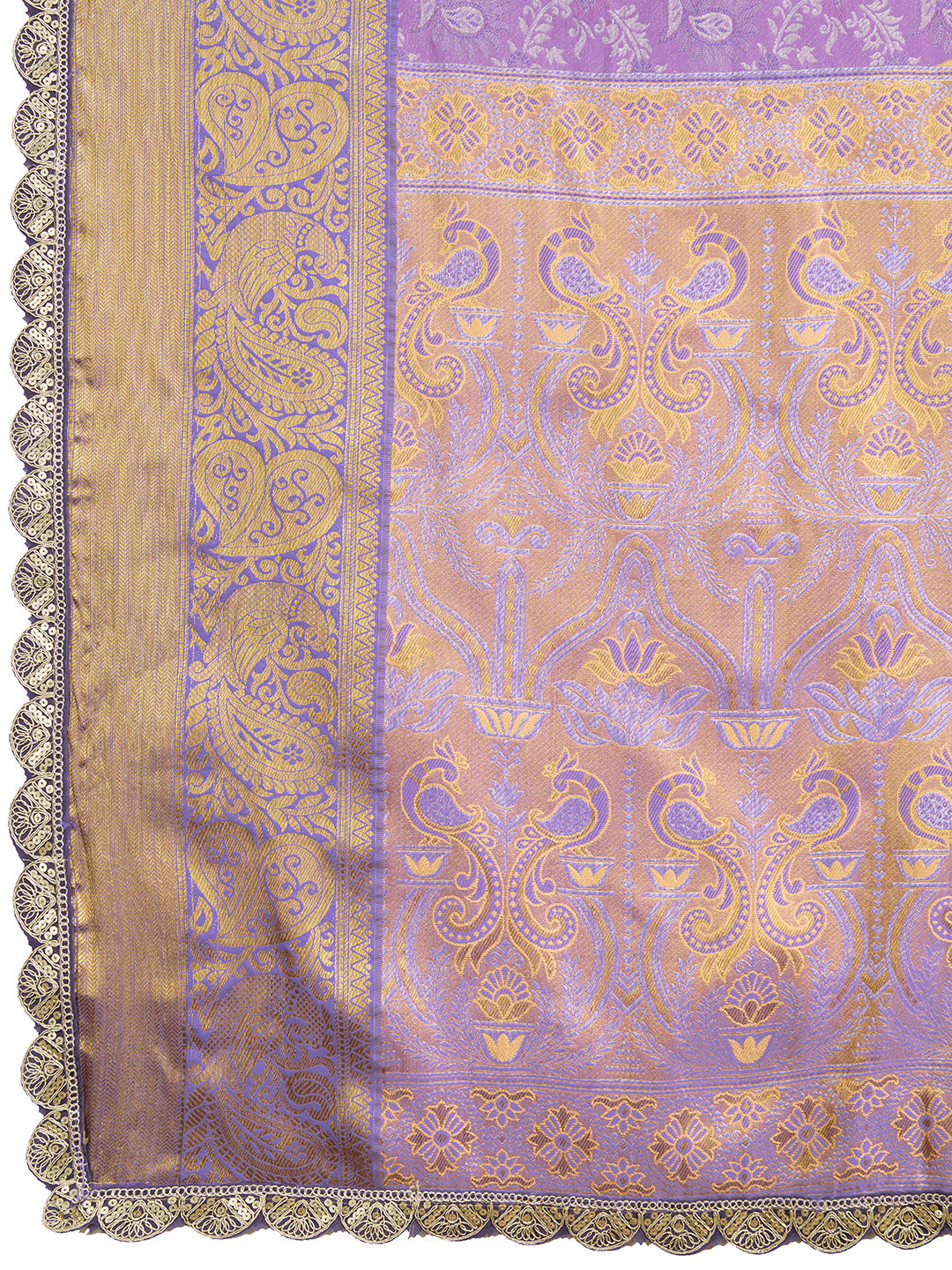 Women's Lavender & Gold Banarasi Silk Saree with Rich Zari Weaving