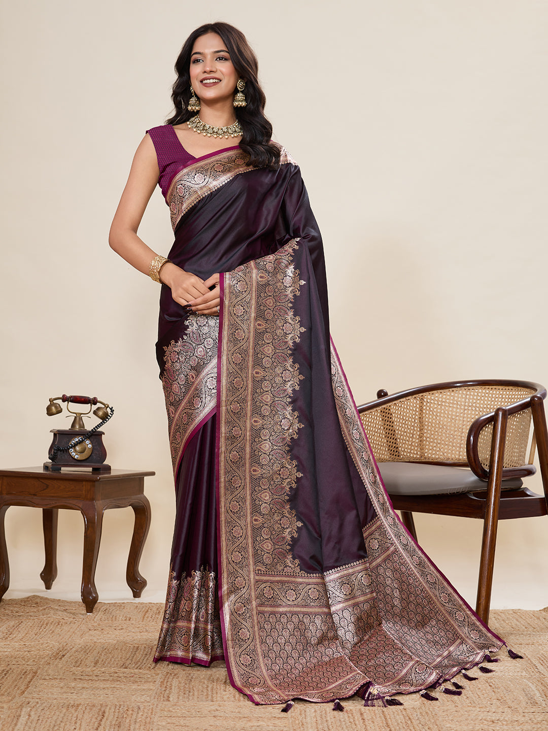 Wine Banarasi Soft Silk Saree with Heavy Silver Zari Woven Border & Rich Pallu