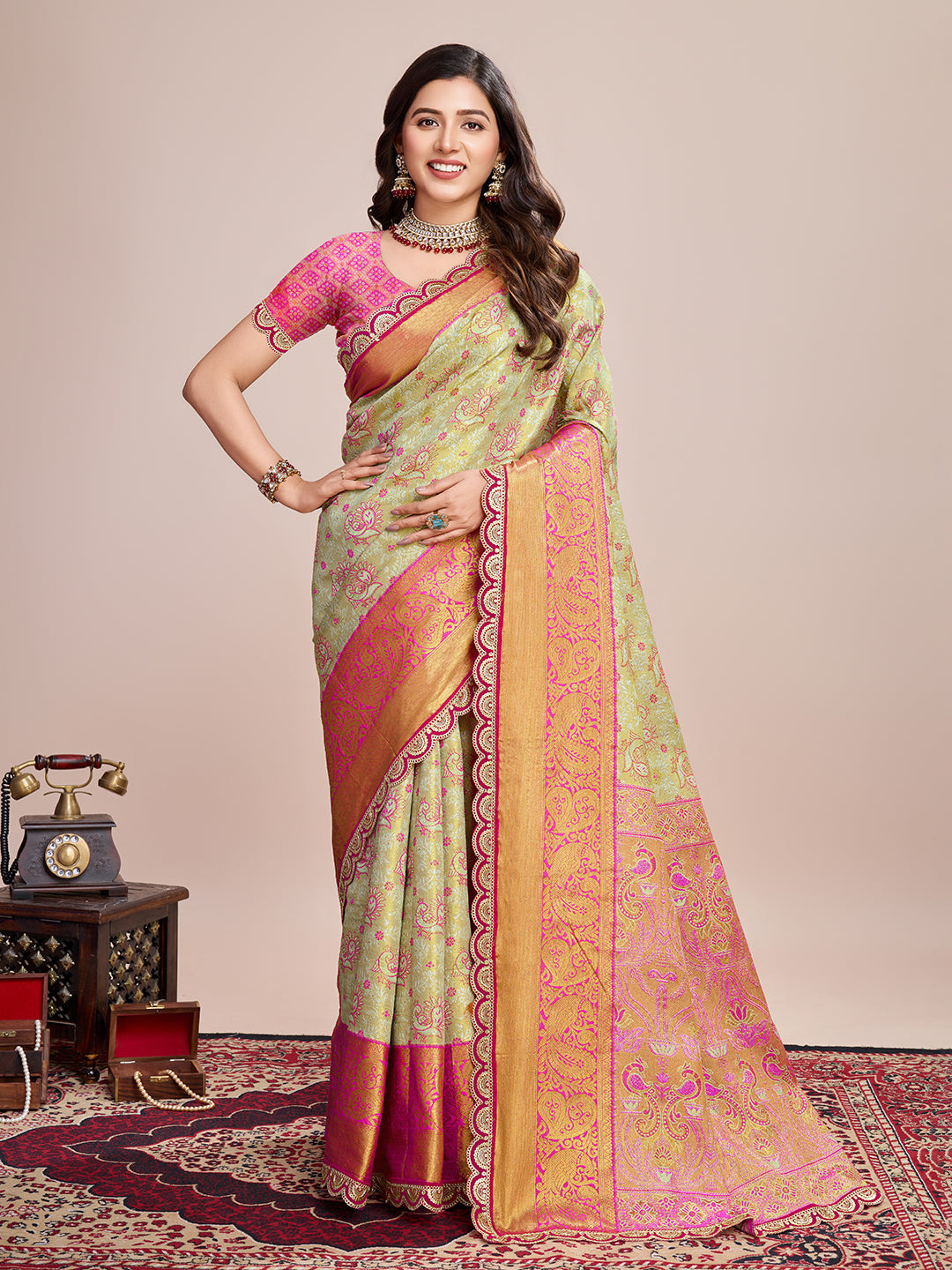 Women's Light Green & Rani Pink Banarasi Silk Saree with Rich Zari Weaving