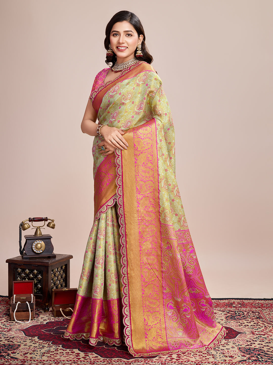 Women's Light Green & Rani Pink Banarasi Silk Saree with Rich Zari Weaving