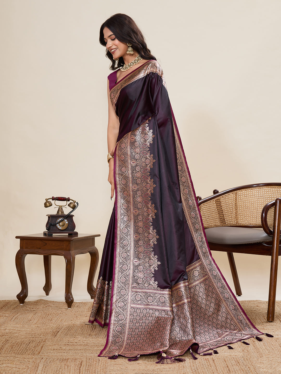 Wine Banarasi Soft Silk Saree with Heavy Silver Zari Woven Border & Rich Pallu
