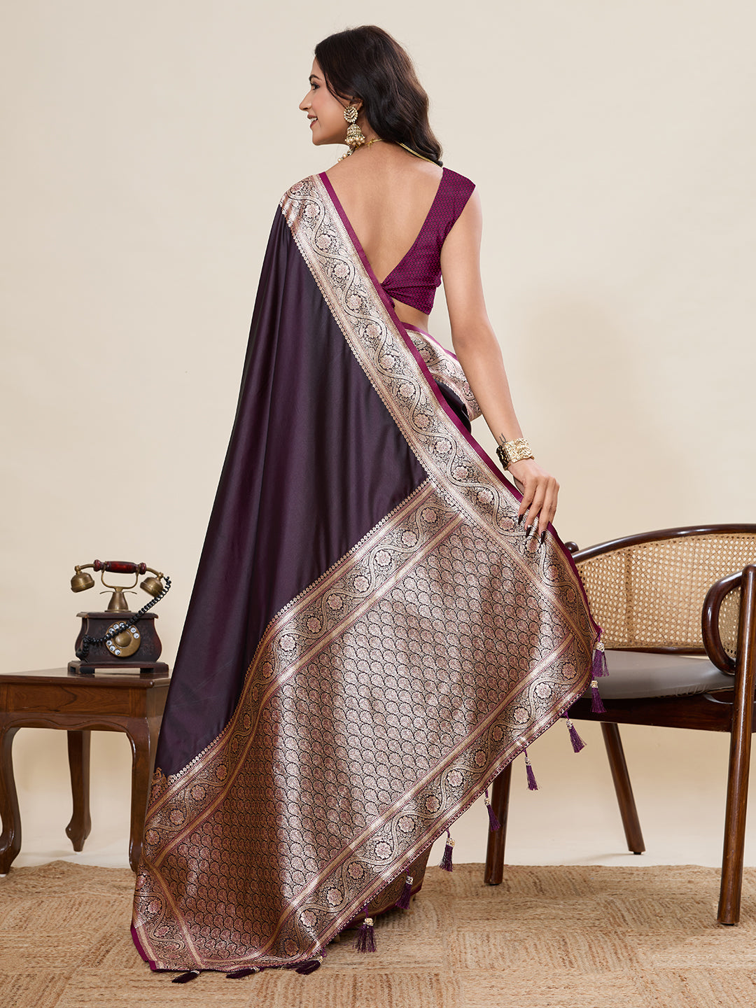 Wine Banarasi Soft Silk Saree with Heavy Silver Zari Woven Border & Rich Pallu