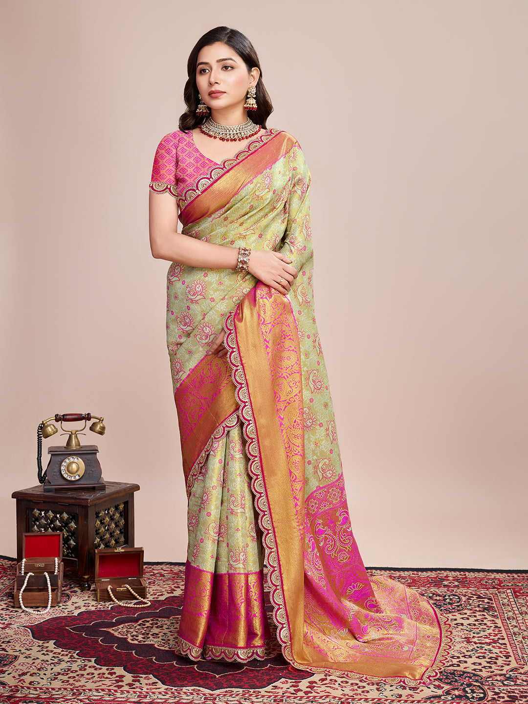 Women's Light Green & Rani Pink Banarasi Silk Saree with Rich Zari Weaving
