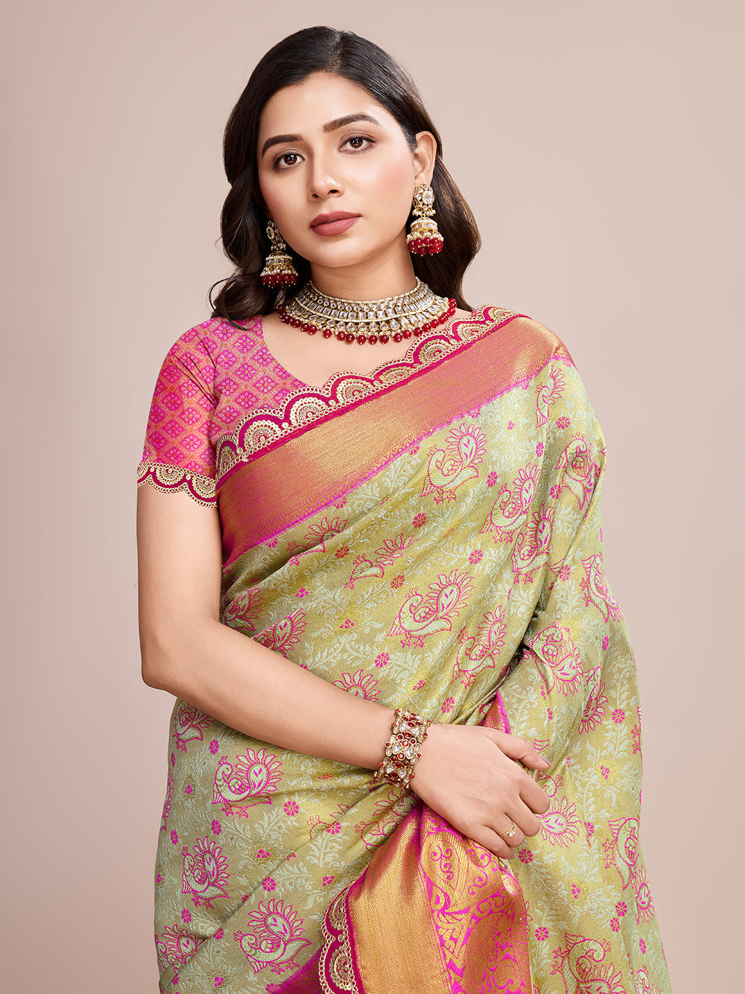 Women's Light Green & Rani Pink Banarasi Silk Saree with Rich Zari Weaving