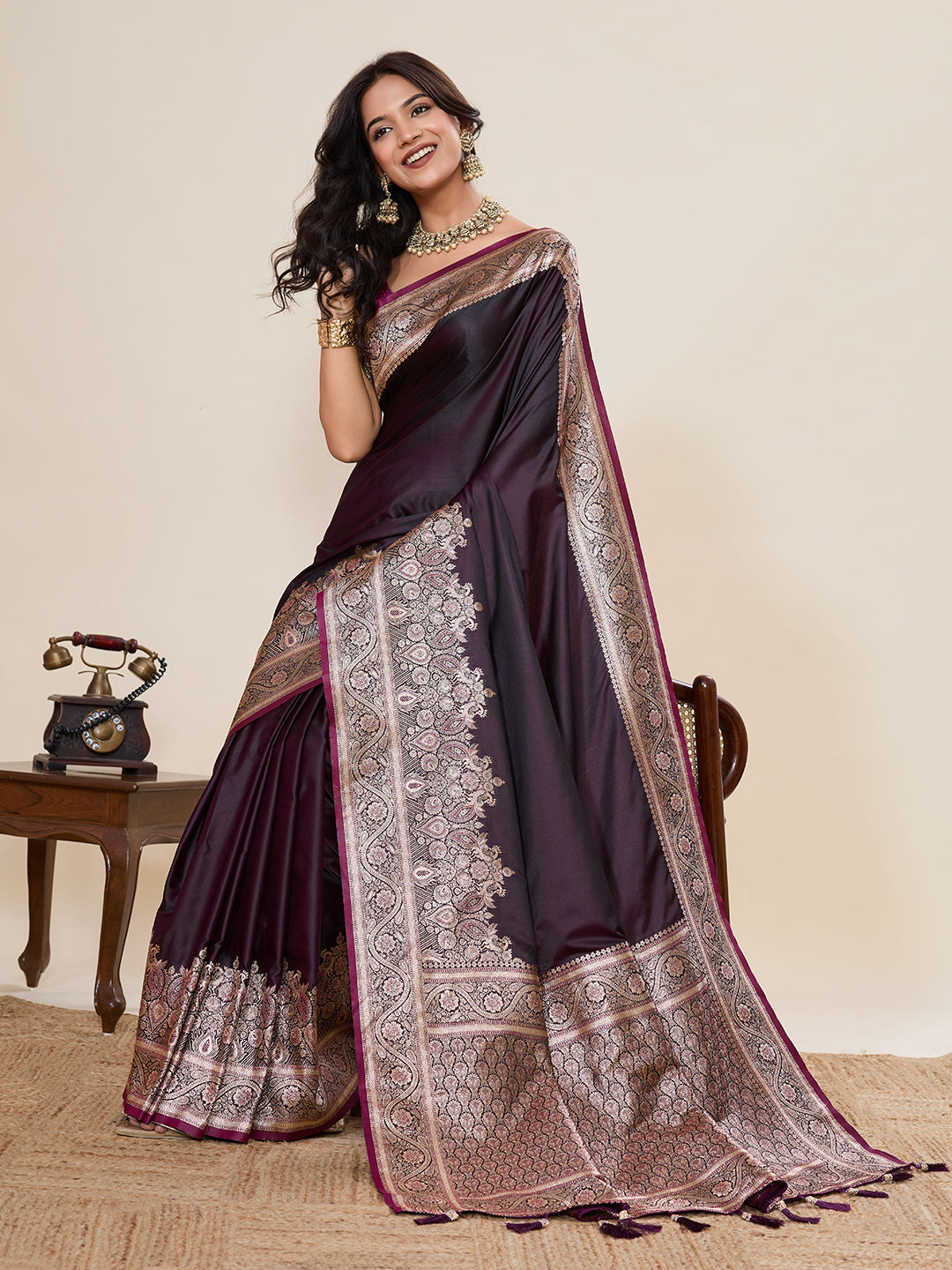 Wine Banarasi Soft Silk Saree with Heavy Silver Zari Woven Border & Rich Pallu