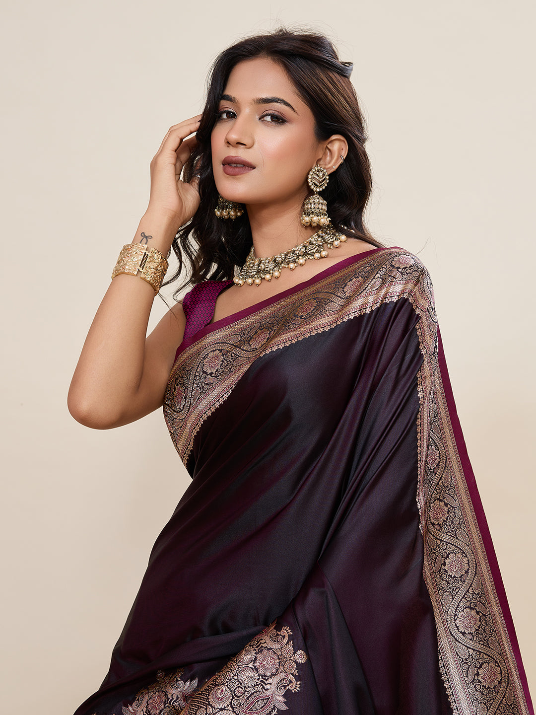 Wine Banarasi Soft Silk Saree with Heavy Silver Zari Woven Border & Rich Pallu