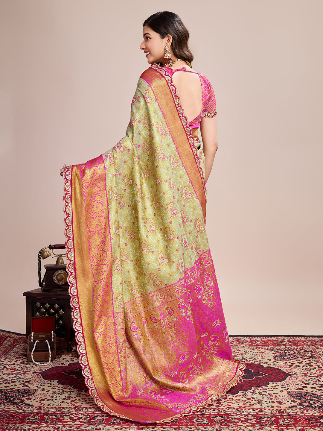 Women's Light Green & Rani Pink Banarasi Silk Saree with Rich Zari Weaving
