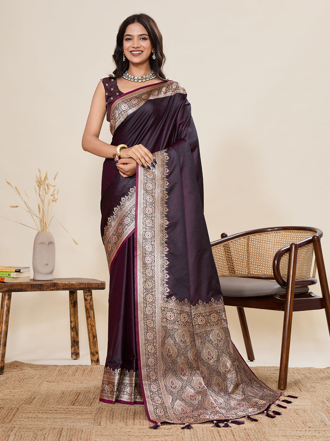 Women's Wine Banarasi Silk Saree with Rich Zari Border & Designer Pallu