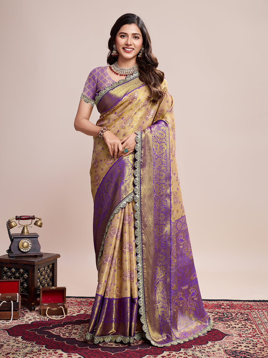 Women's Gold & Purple Banarasi Silk Saree with Rich Zari Weaving