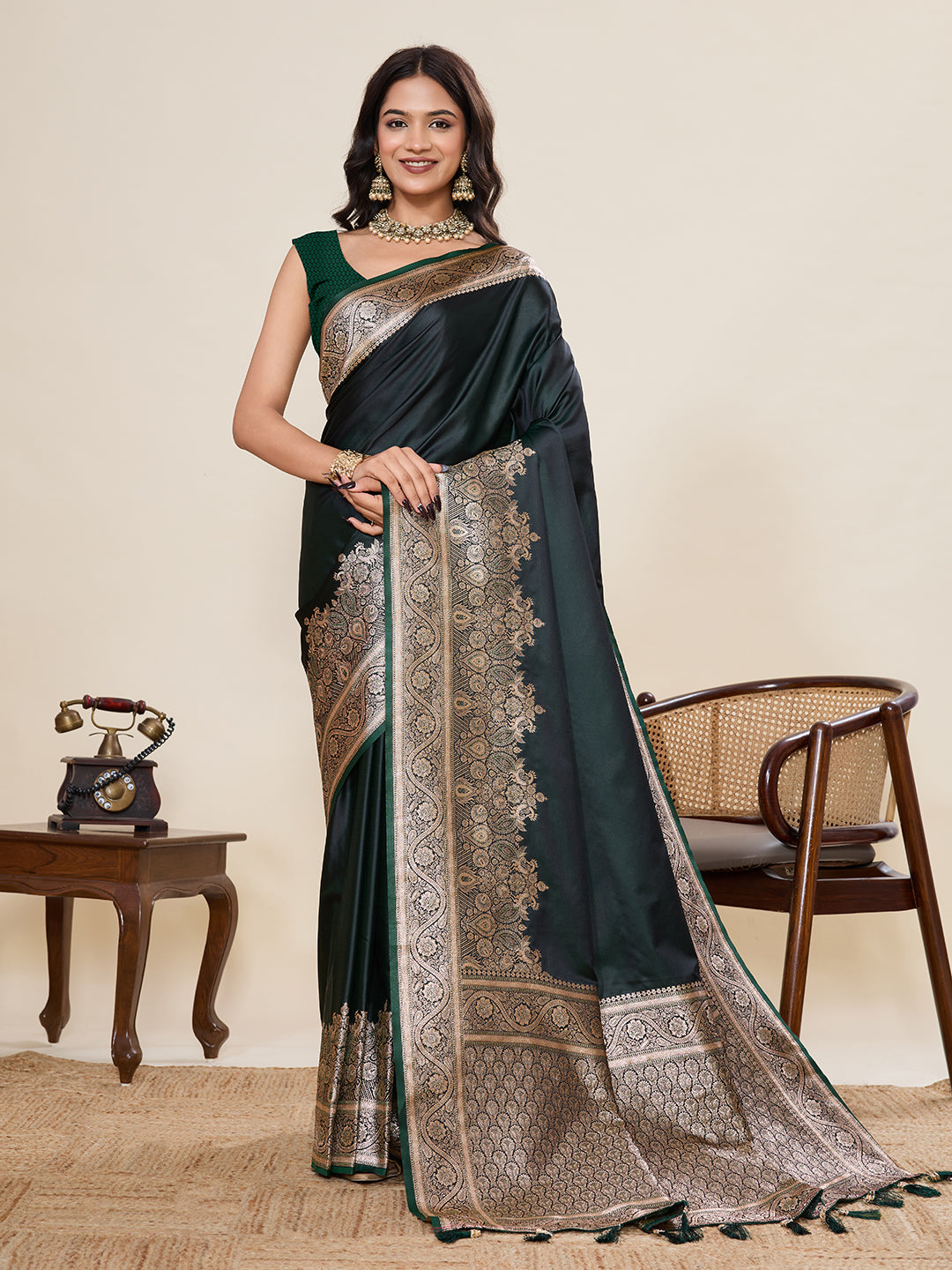 Dark Green Banarasi Soft Silk Saree with Heavy Silver Zari Woven Border & Rich Pallu