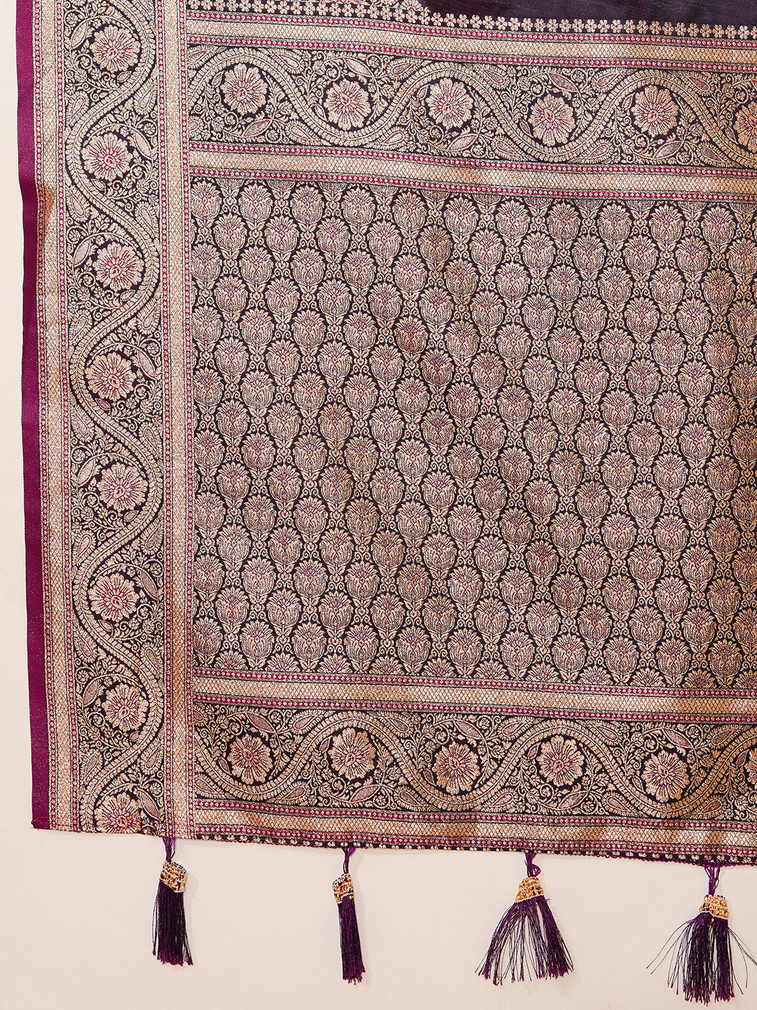 Wine Banarasi Soft Silk Saree with Heavy Silver Zari Woven Border & Rich Pallu