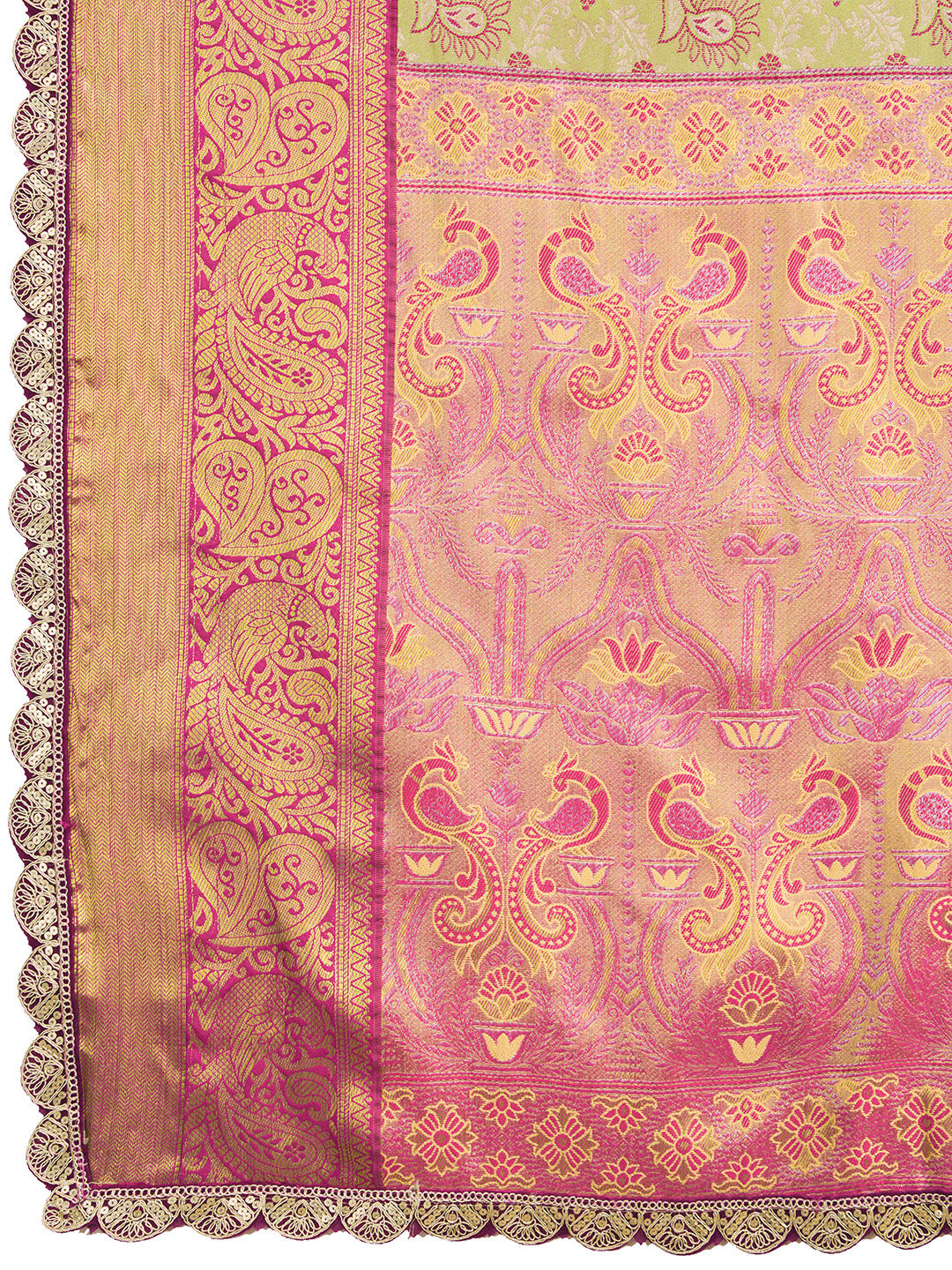 Women's Light Green & Rani Pink Banarasi Silk Saree with Rich Zari Weaving
