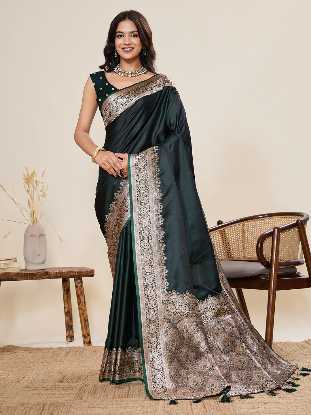 Dark Green Banarasi Soft Silk Saree with Rich Zari Woven Border & Tassels