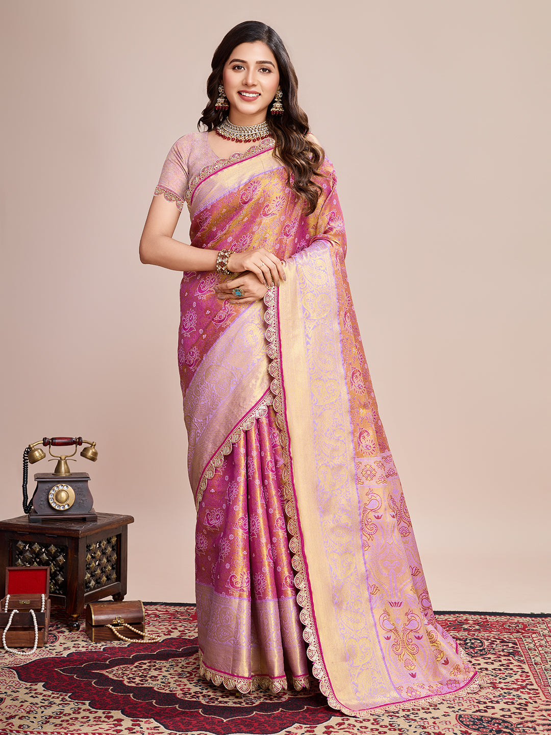 Women's Rose Pink & Gold Banarasi Silk Saree with Rich Zari Weaving