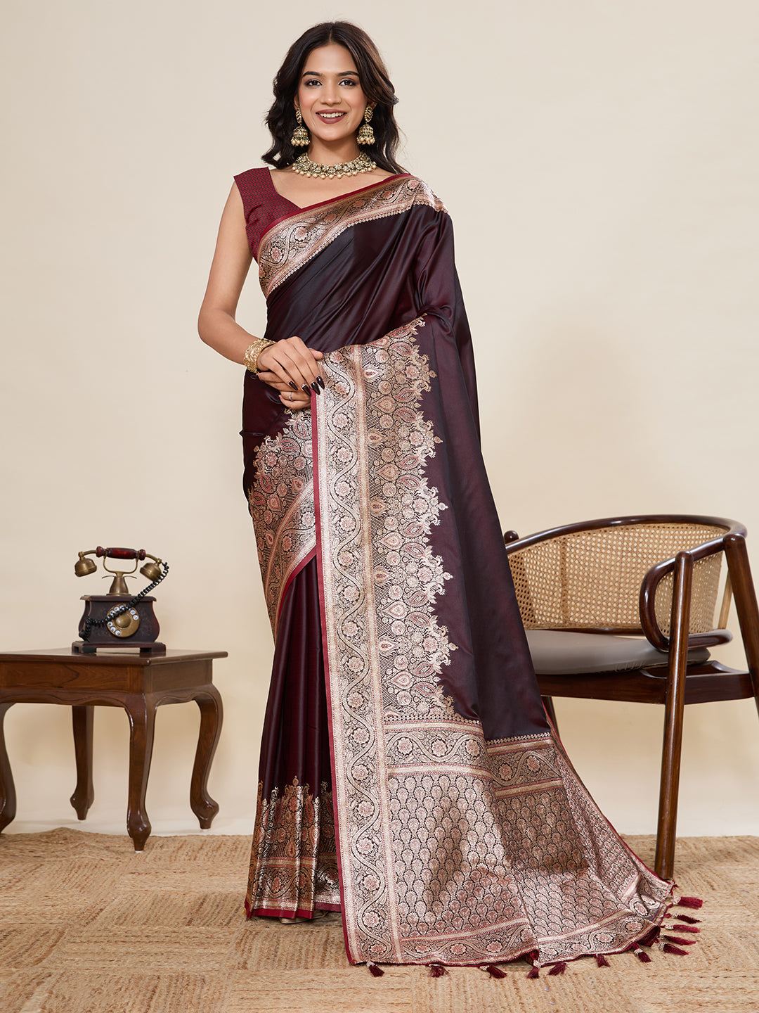 Maroon Banarasi Soft Silk Saree with Heavy Silver Zari Woven Border & Rich Pallu