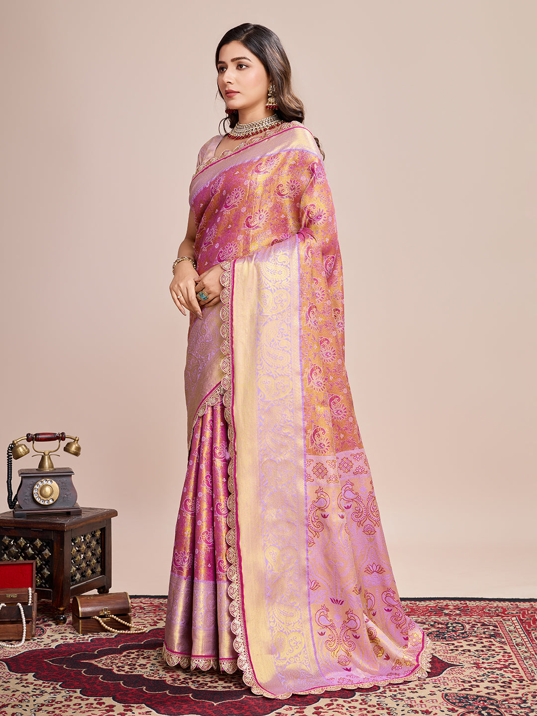 Women's Rose Pink & Gold Banarasi Silk Saree with Rich Zari Weaving