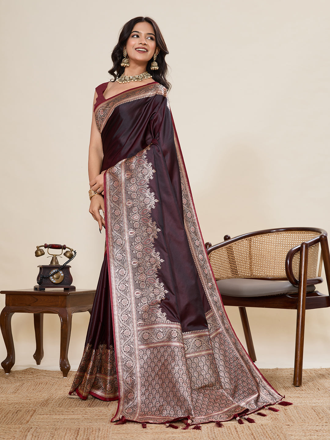 Maroon Banarasi Soft Silk Saree with Heavy Silver Zari Woven Border & Rich Pallu