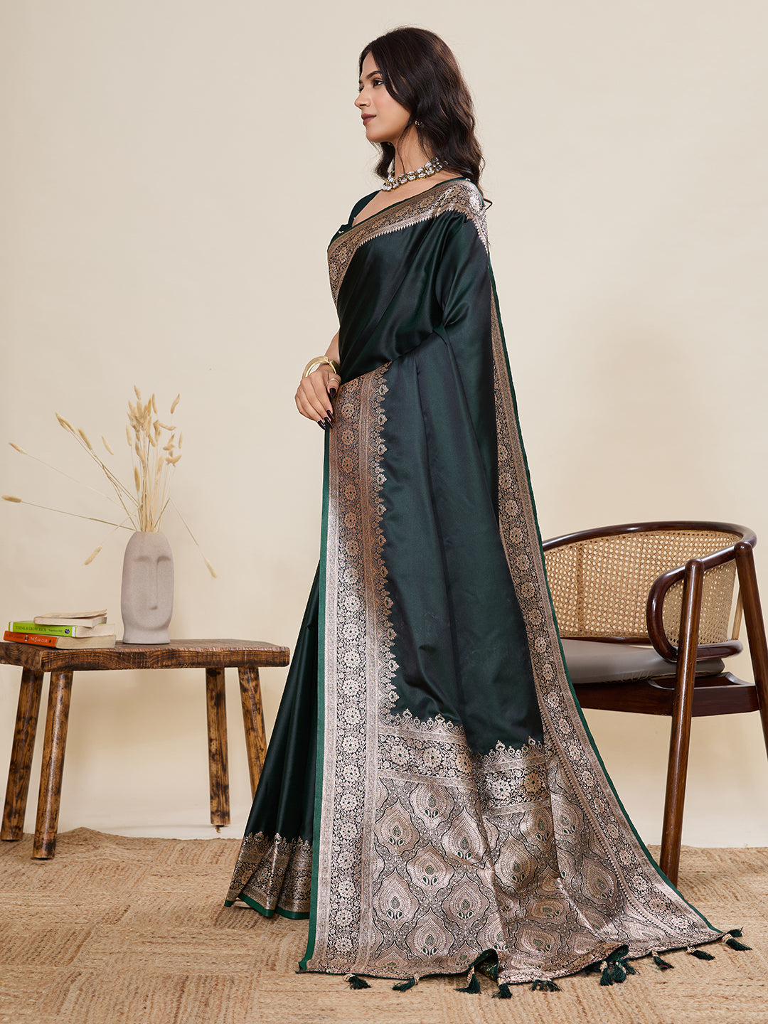 Dark Green Banarasi Soft Silk Saree with Rich Zari Woven Border & Tassels