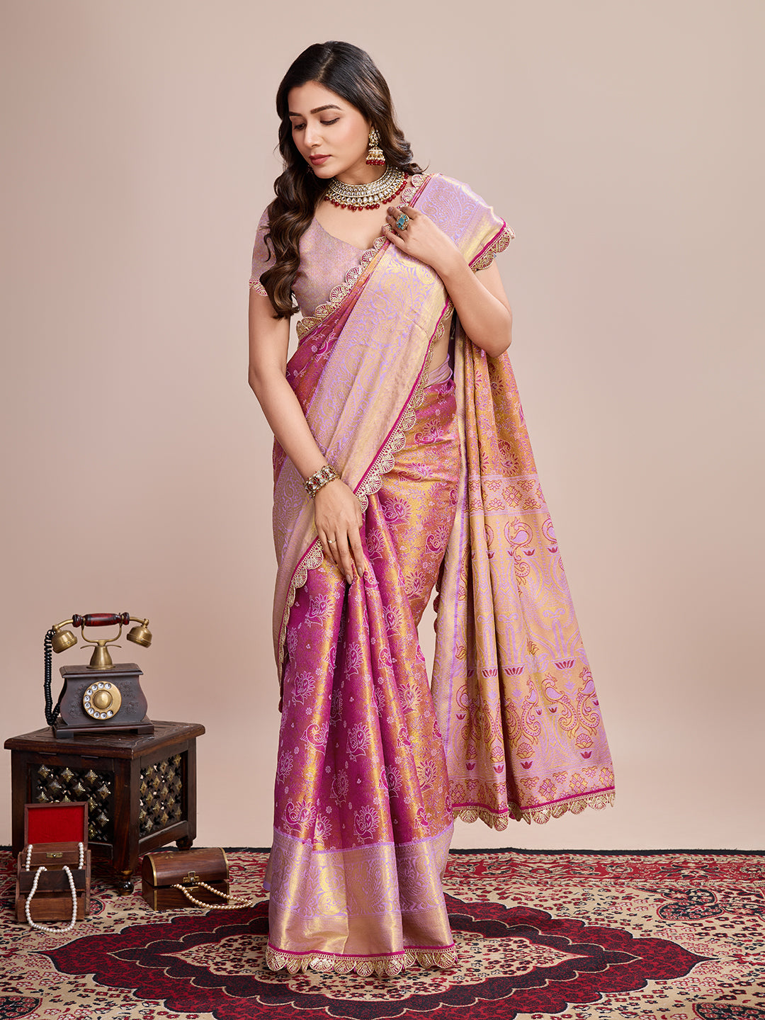 Women's Rose Pink & Gold Banarasi Silk Saree with Rich Zari Weaving