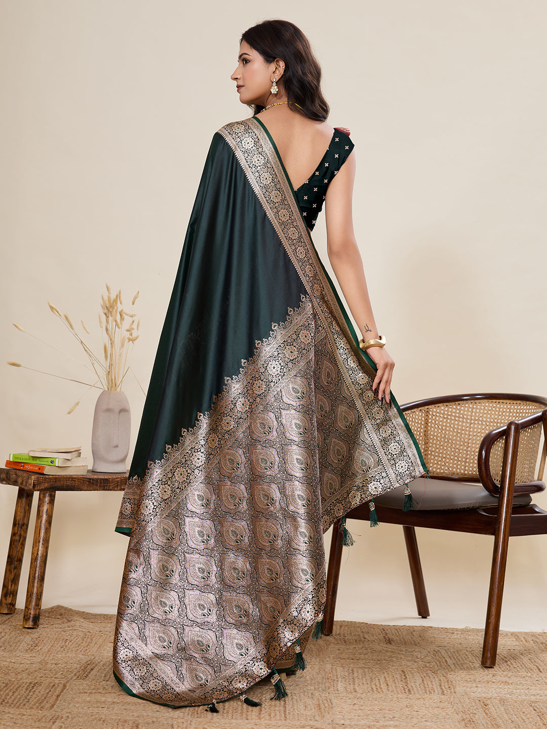 Dark Green Banarasi Soft Silk Saree with Rich Zari Woven Border & Tassels