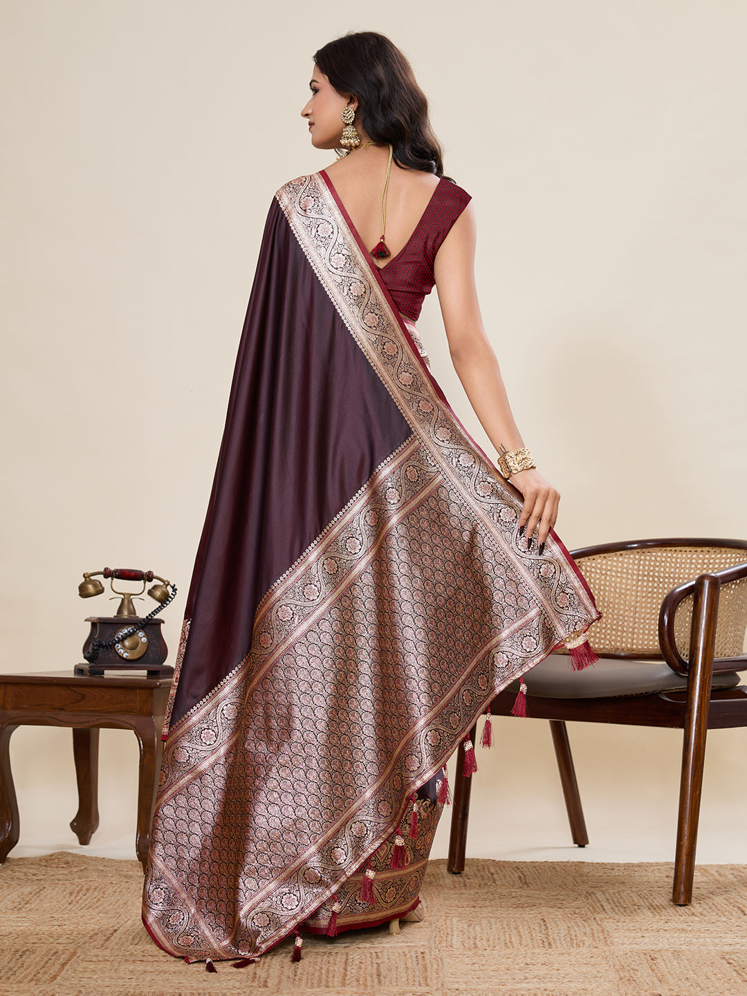Maroon Banarasi Soft Silk Saree with Heavy Silver Zari Woven Border & Rich Pallu