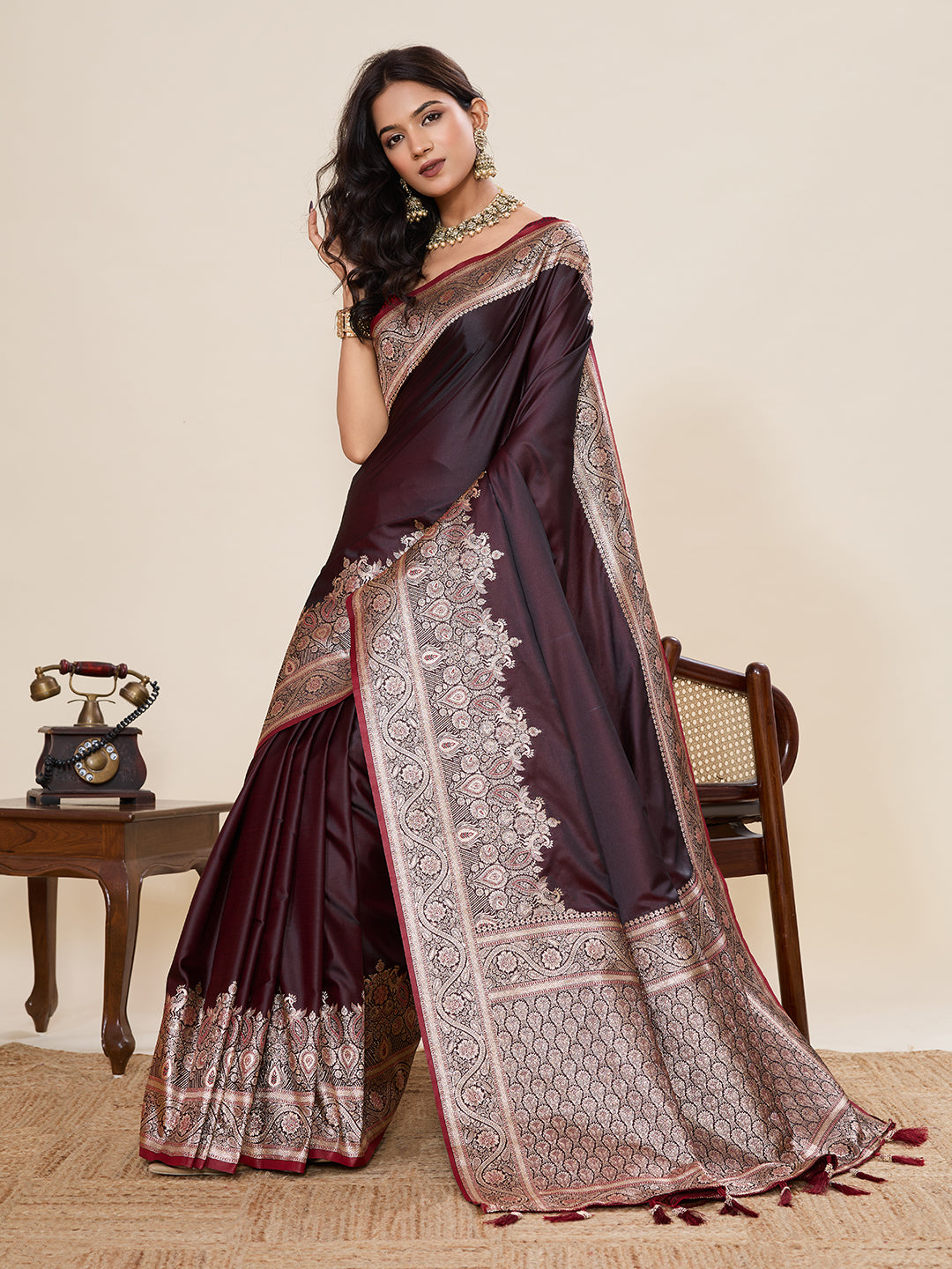 Maroon Banarasi Soft Silk Saree with Heavy Silver Zari Woven Border & Rich Pallu