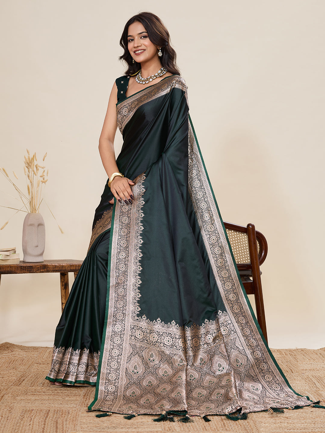 Dark Green Banarasi Soft Silk Saree with Rich Zari Woven Border & Tassels