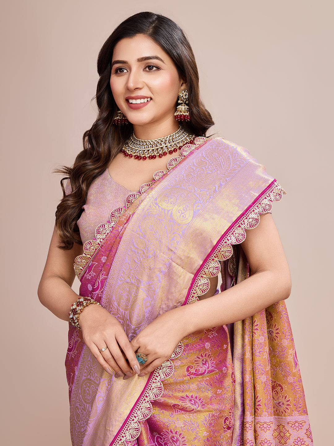 Women's Rose Pink & Gold Banarasi Silk Saree with Rich Zari Weaving