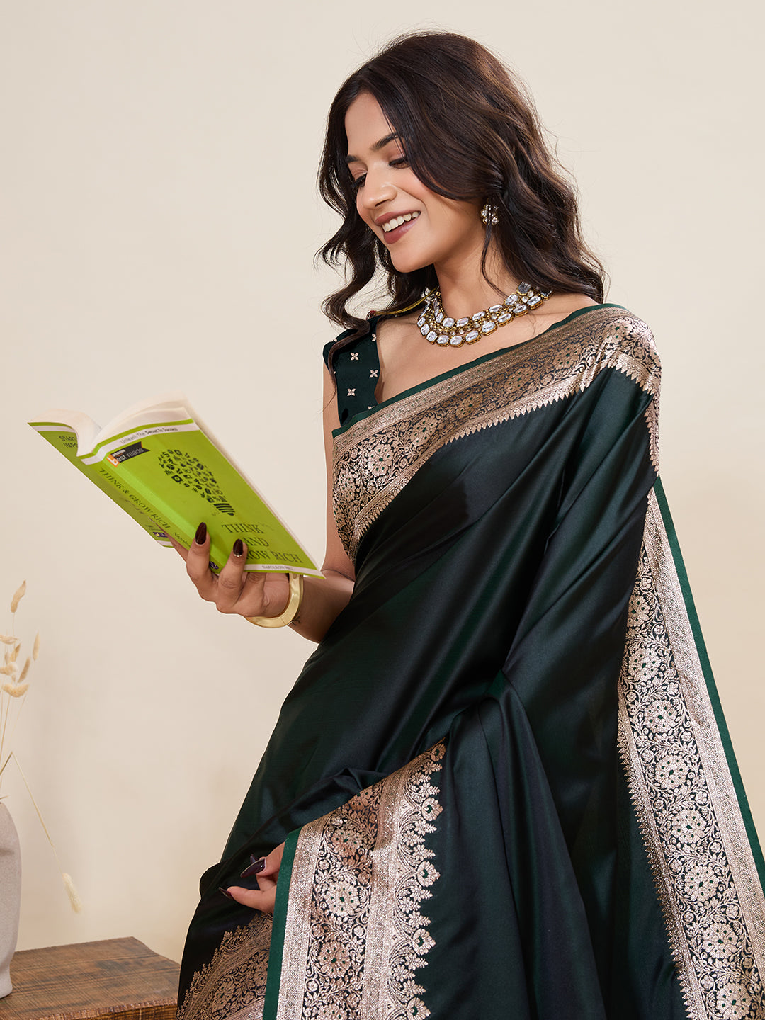 Dark Green Banarasi Soft Silk Saree with Rich Zari Woven Border & Tassels