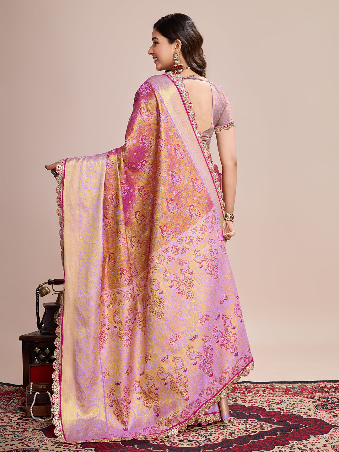Women's Rose Pink & Gold Banarasi Silk Saree with Rich Zari Weaving