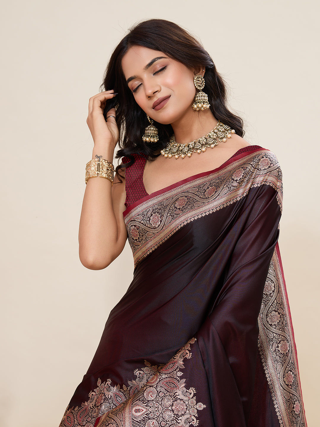 Maroon Banarasi Soft Silk Saree with Heavy Silver Zari Woven Border & Rich Pallu