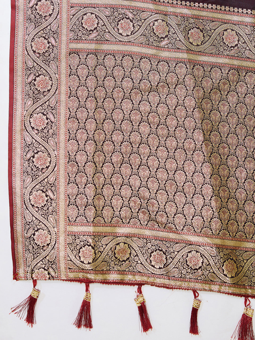 Maroon Banarasi Soft Silk Saree with Heavy Silver Zari Woven Border & Rich Pallu