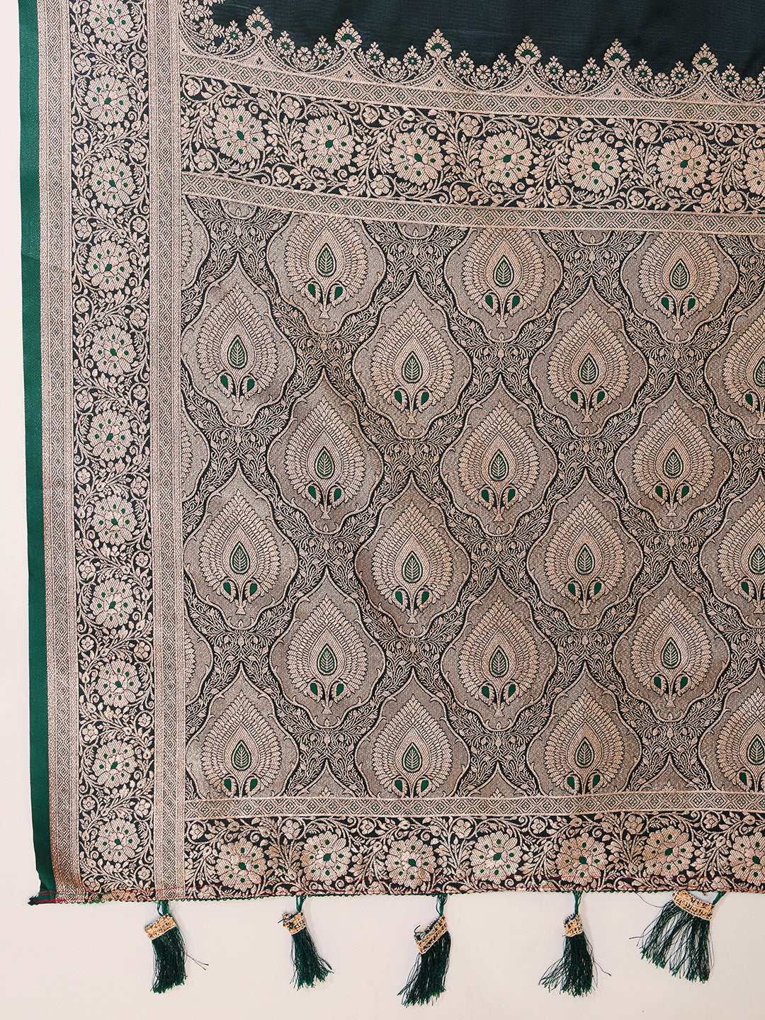 Dark Green Banarasi Soft Silk Saree with Rich Zari Woven Border & Tassels