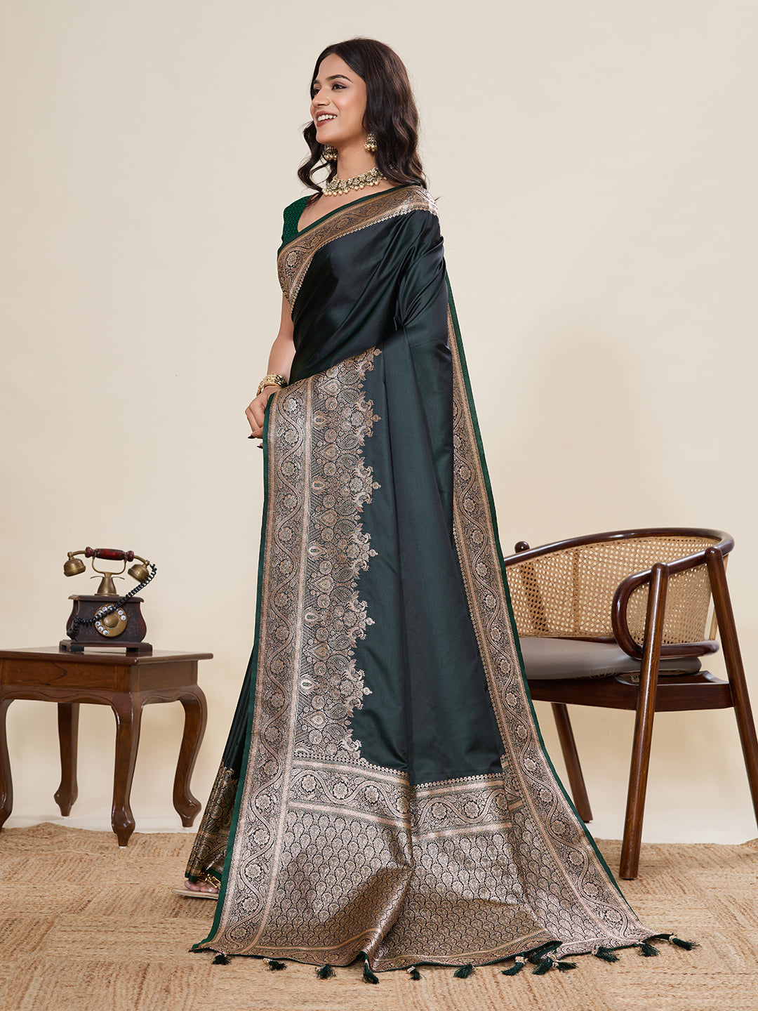 Dark Green Banarasi Soft Silk Saree with Heavy Silver Zari Woven Border & Rich Pallu