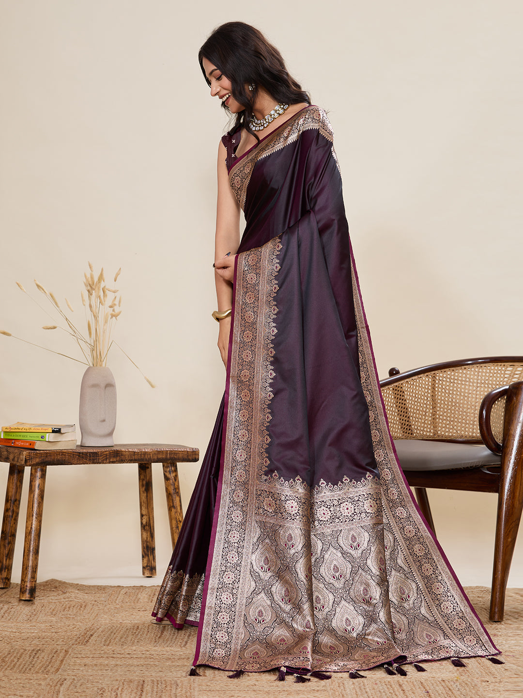 Women's Wine Banarasi Silk Saree with Rich Zari Border & Designer Pallu