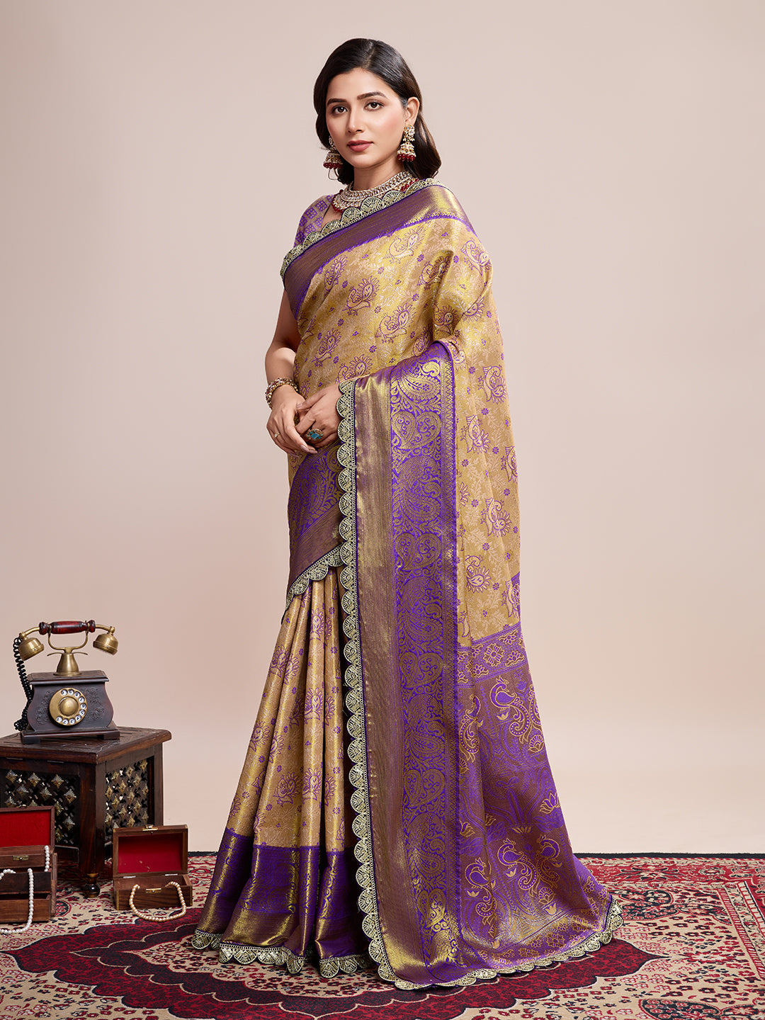 Women's Gold & Purple Banarasi Silk Saree with Rich Zari Weaving