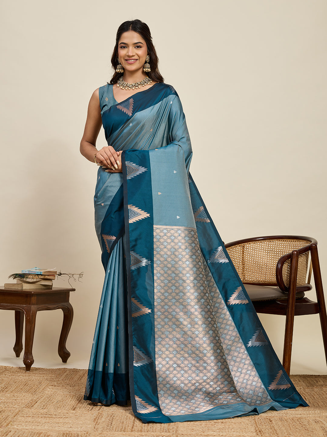 Women's Sky Blue & Teal Blue Soft Silk Woven Saree with Rich Zari Border