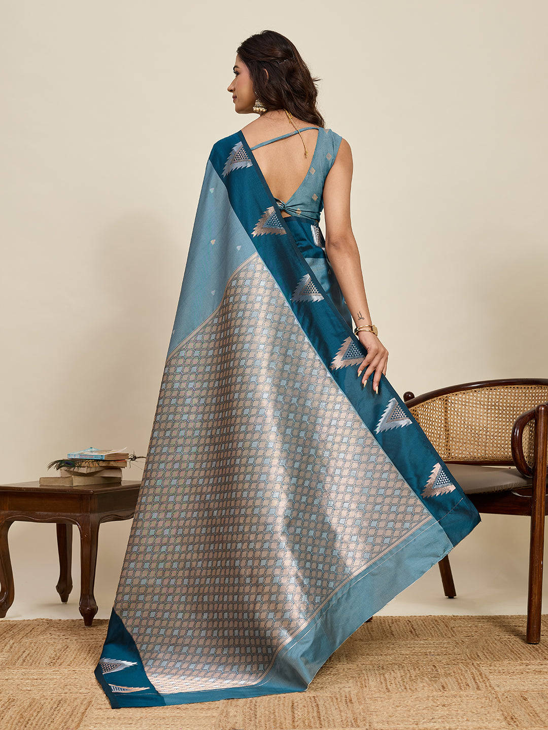 Women's Sky Blue & Teal Blue Soft Silk Woven Saree with Rich Zari Border