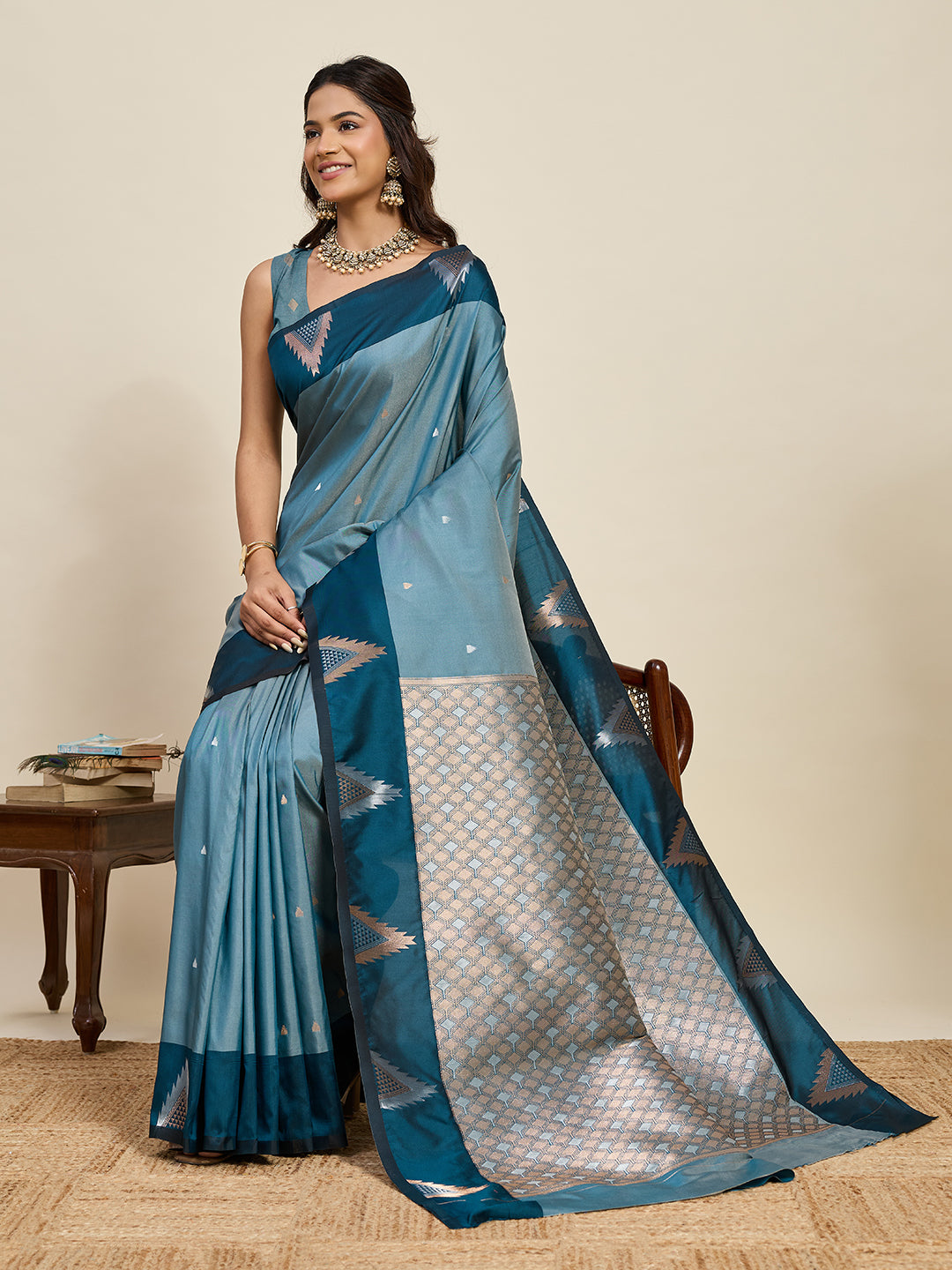 Women's Sky Blue & Teal Blue Soft Silk Woven Saree with Rich Zari Border