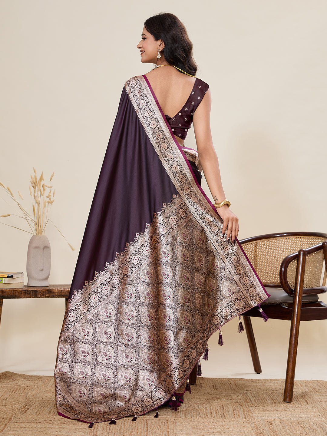 Women's Wine Banarasi Silk Saree with Rich Zari Border & Designer Pallu