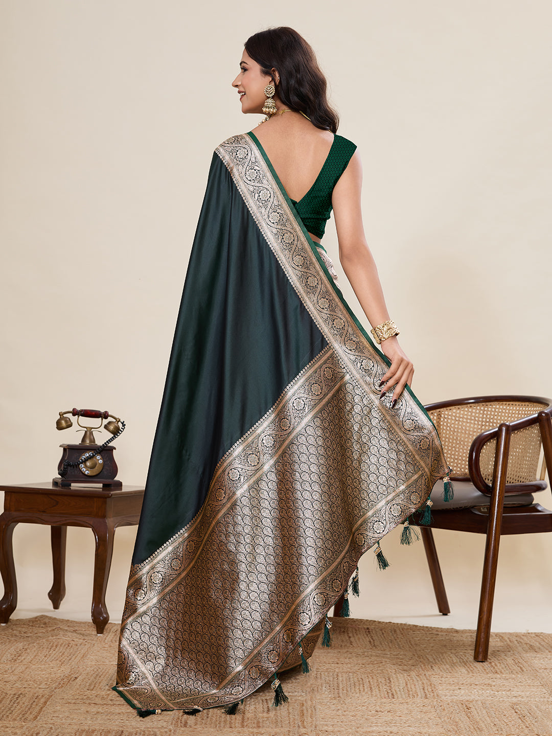 Dark Green Banarasi Soft Silk Saree with Heavy Silver Zari Woven Border & Rich Pallu