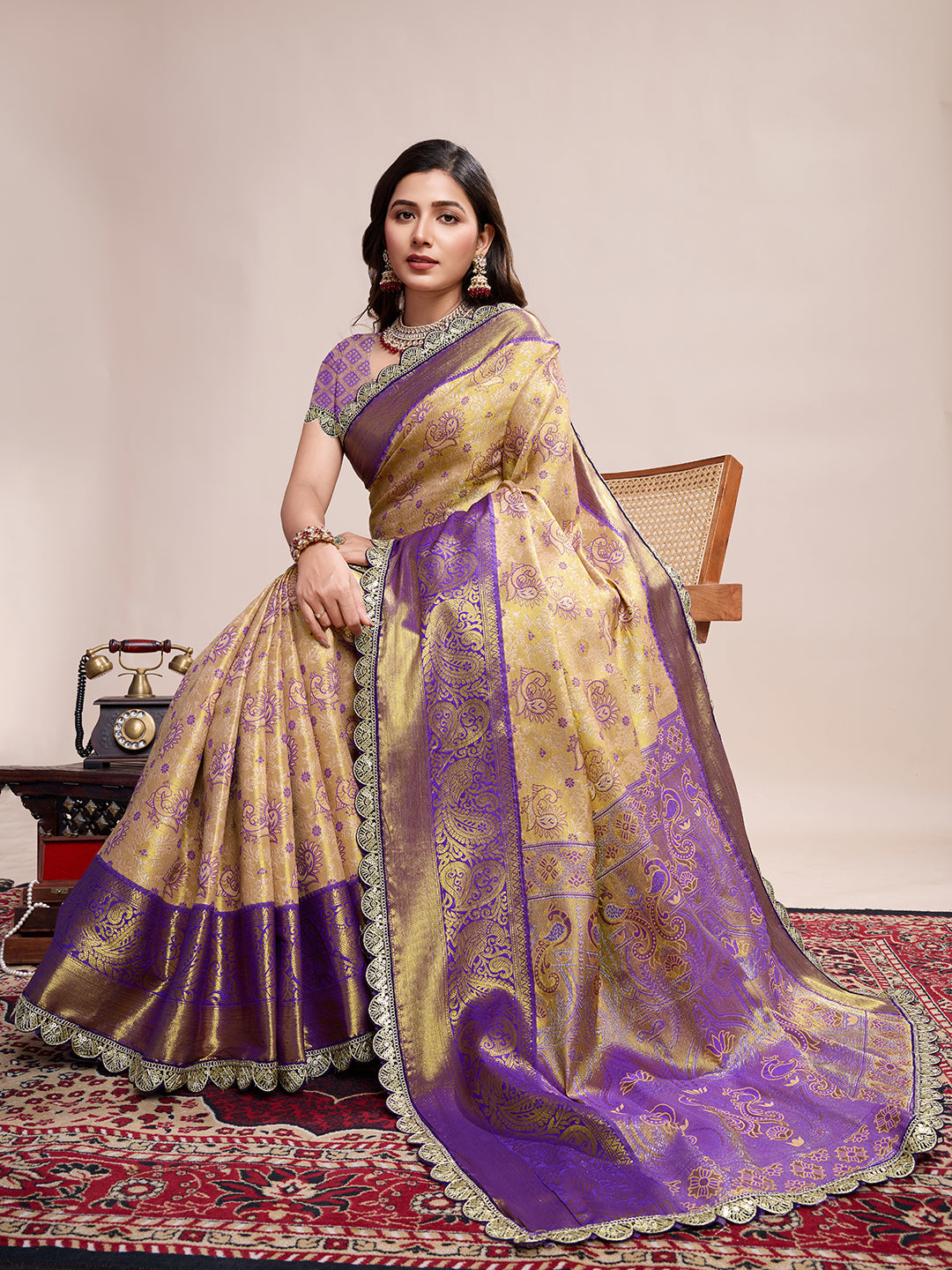 Women's Gold & Purple Banarasi Silk Saree with Rich Zari Weaving