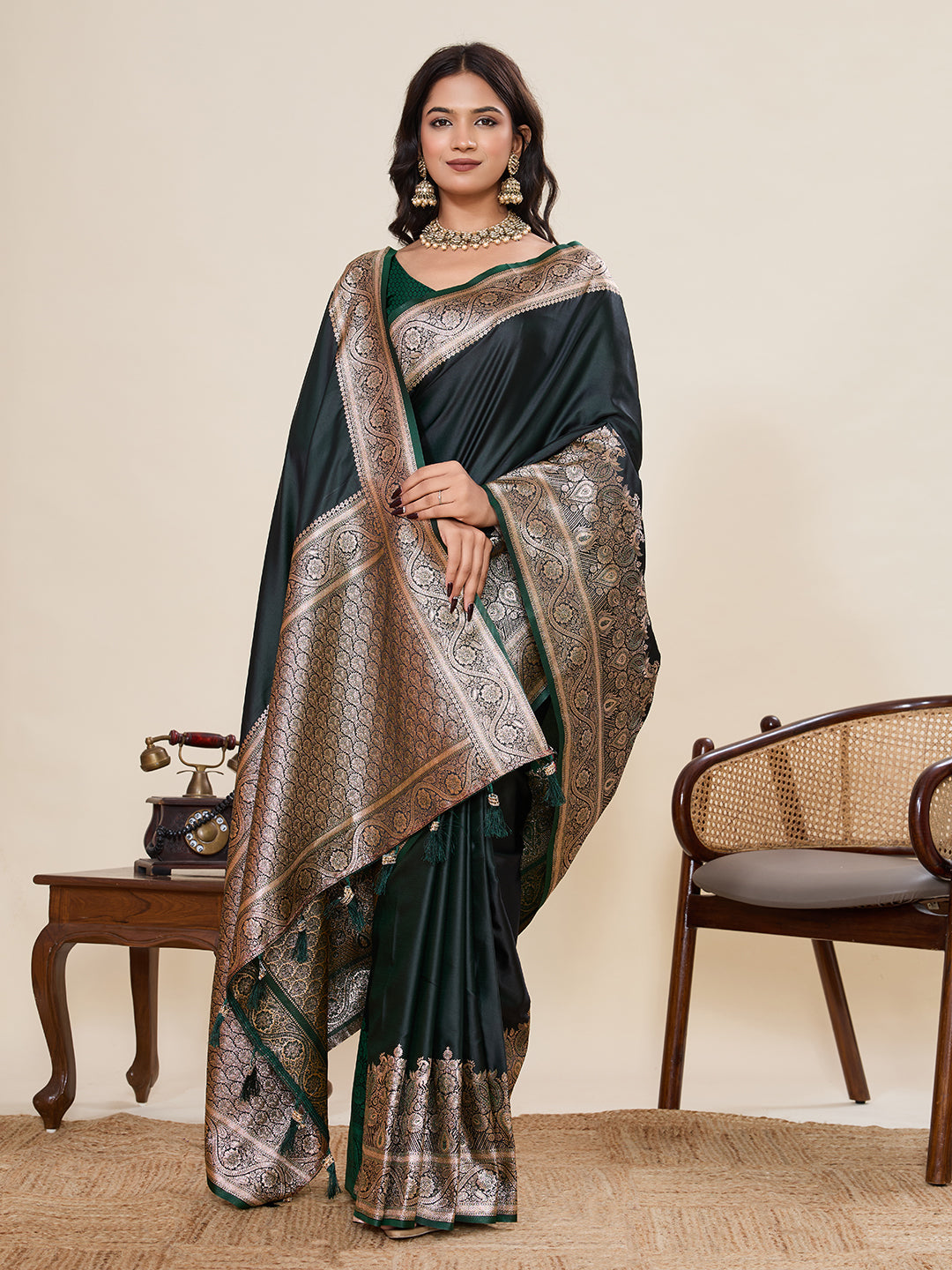 Dark Green Banarasi Soft Silk Saree with Heavy Silver Zari Woven Border & Rich Pallu