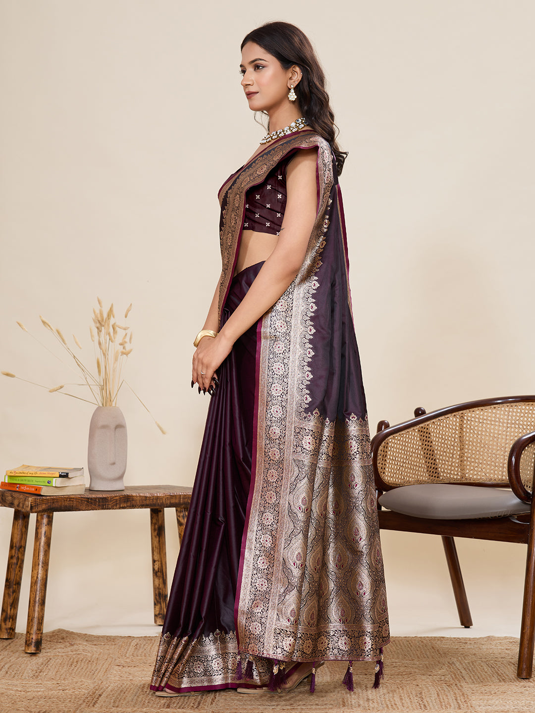 Women's Wine Banarasi Silk Saree with Rich Zari Border & Designer Pallu