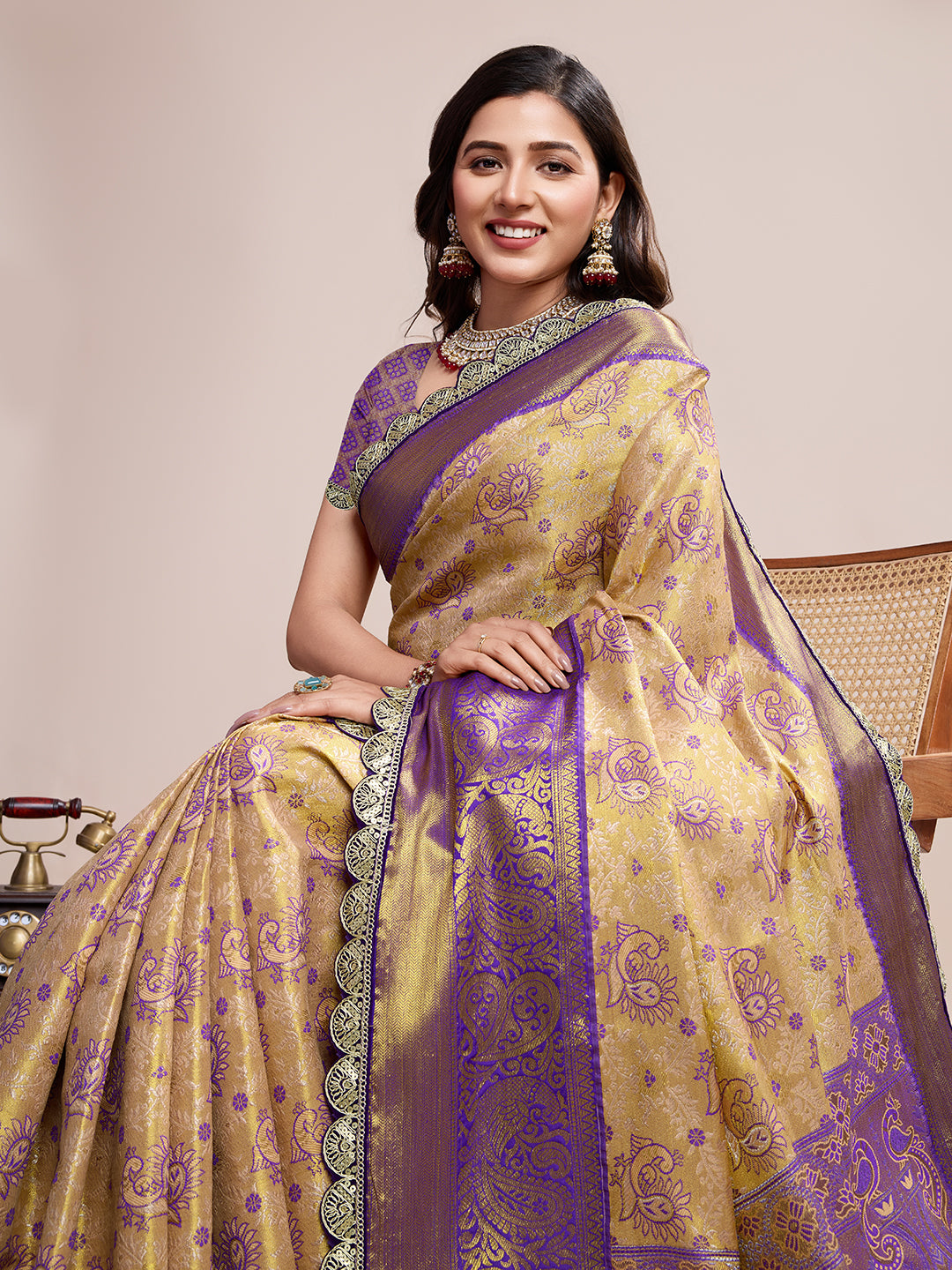 Women's Gold & Purple Banarasi Silk Saree with Rich Zari Weaving