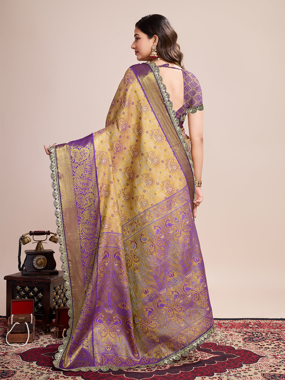 Women's Gold & Purple Banarasi Silk Saree with Rich Zari Weaving