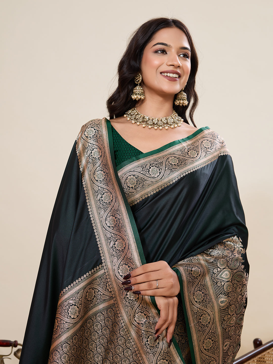 Dark Green Banarasi Soft Silk Saree with Heavy Silver Zari Woven Border & Rich Pallu