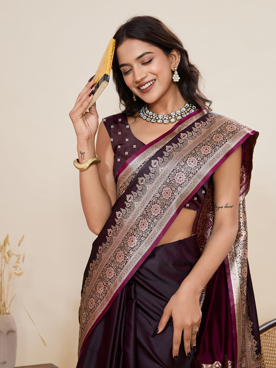 Women's Wine Banarasi Silk Saree with Rich Zari Border & Designer Pallu