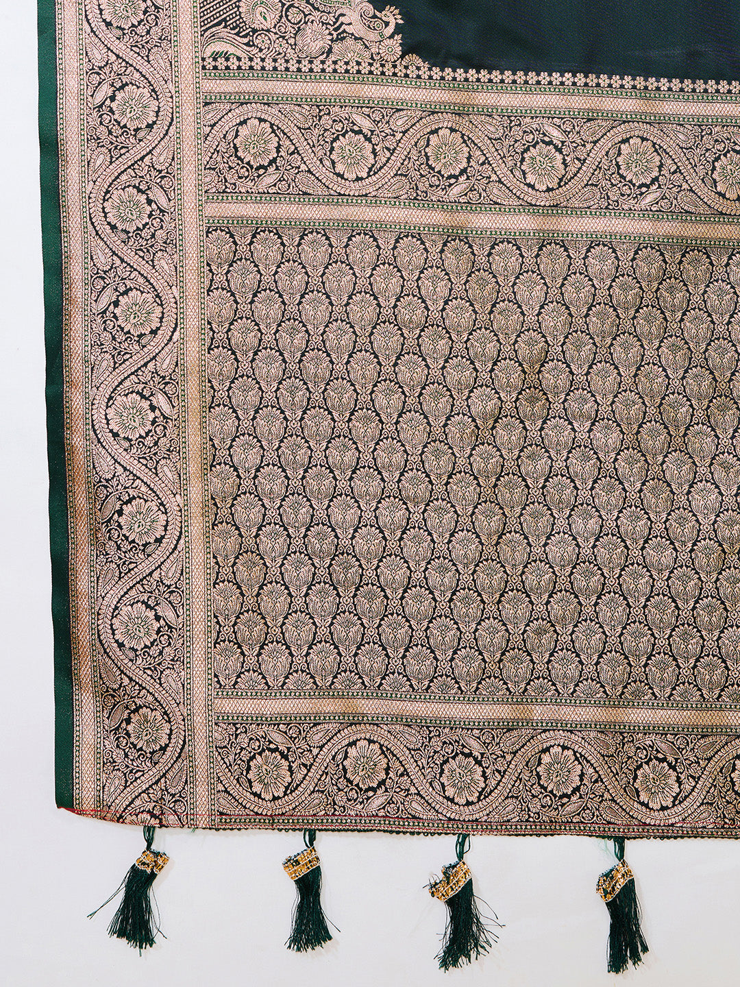 Dark Green Banarasi Soft Silk Saree with Heavy Silver Zari Woven Border & Rich Pallu