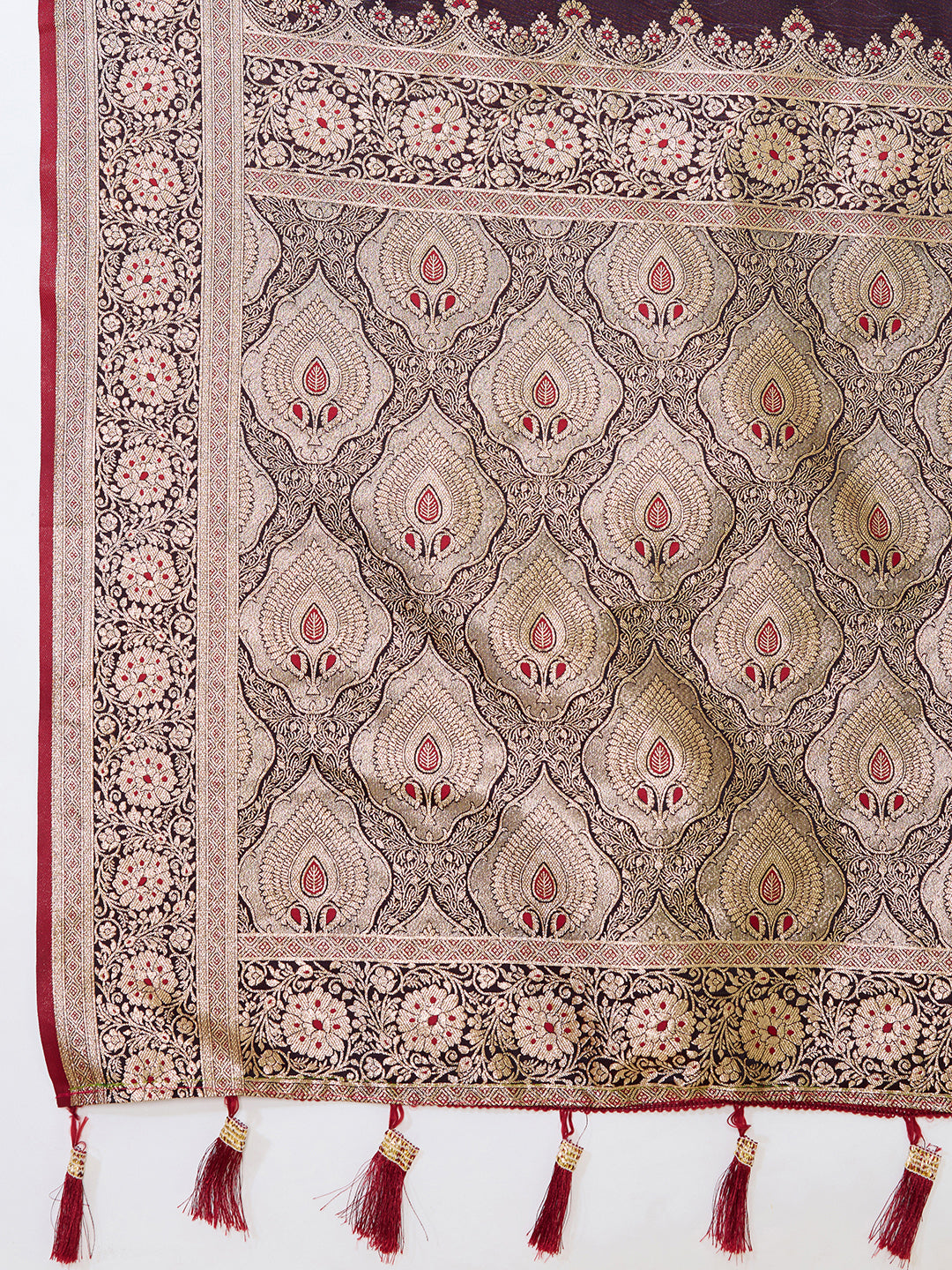 Women's Wine Banarasi Silk Saree with Rich Zari Border & Designer Pallu
